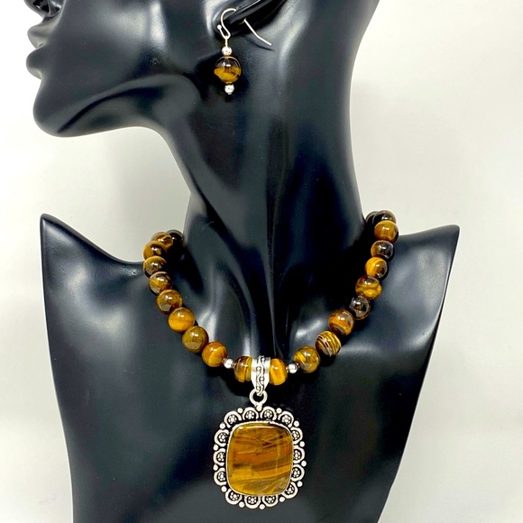 Hand Crafted Jewelry - Brown tiger eye necklace earrings sterling silver